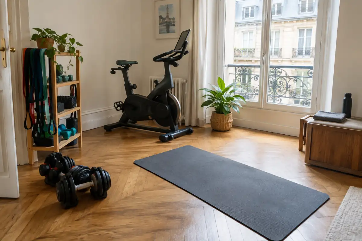 Espace de sport aménagé dans un appartement avec tapis, haltères réglables, bandes élastiques et vélo d’intérieur.