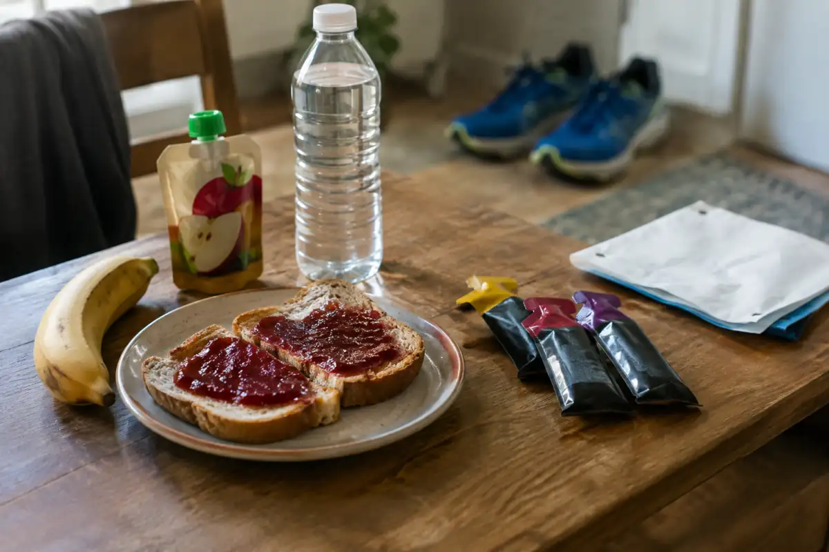 Petit-déjeuner de marathon composé de pain, banane, compote, eau et gels énergétiques préparés avant la course.