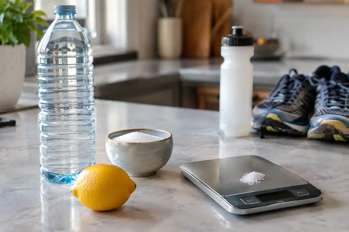 Préparation d’une boisson d’effort maison avec eau, sucre, sel pesé et citron, près d’une gourde de sport.
