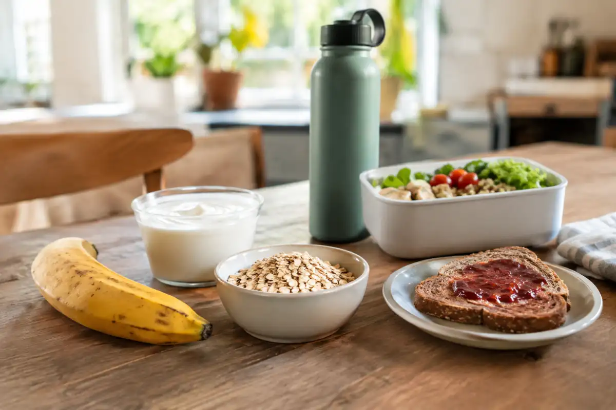 Collations pour sportifs : banane, yaourt, flocons d’avoine, tartine et gourde réunis sur une table avant l’entraînement.