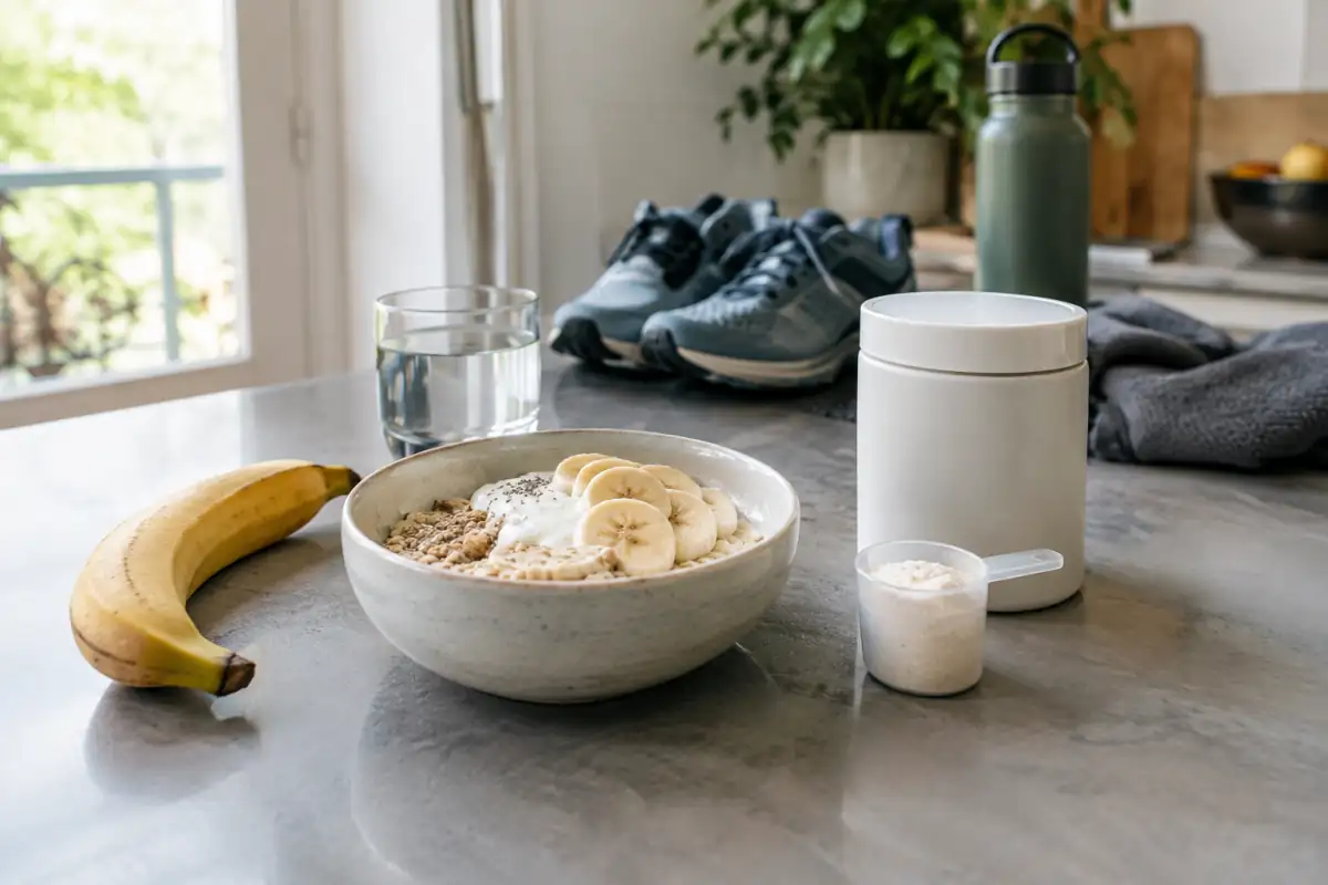 Repas et produits de nutrition sportive réunis sur un plan de travail : eau, banane, flocons d’avoine, yaourt et poudre protéinée.