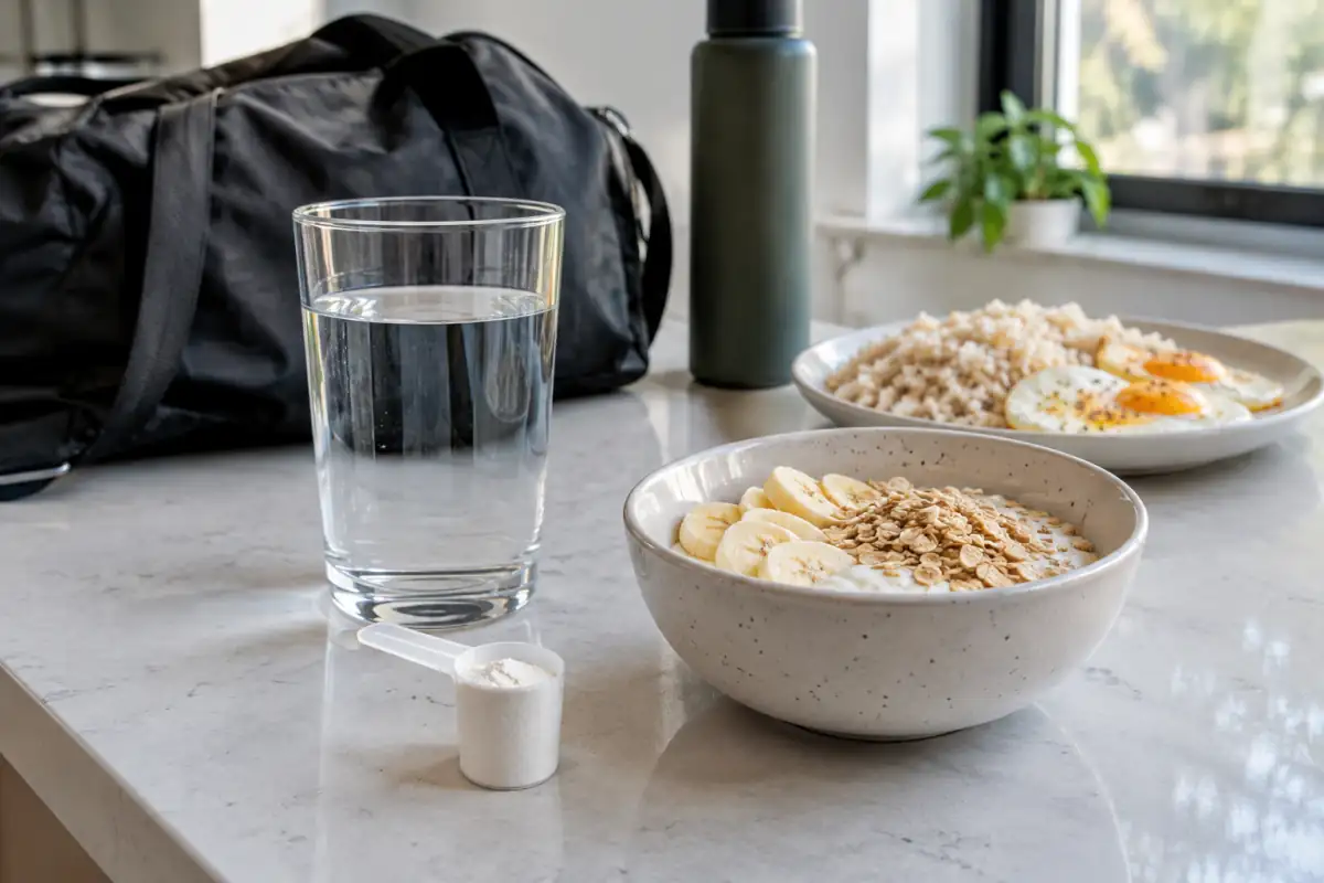 Créatine monohydrate près d’un verre d’eau et d’aliments de récupération après une séance de sport.