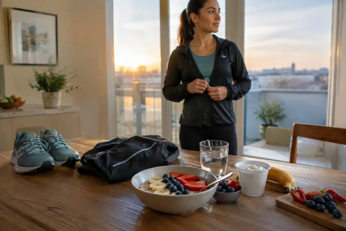 Petit-déjeuner équilibré près de chaussures de course, illustrant le choix entre manger avant l’entraînement et partir à jeun.