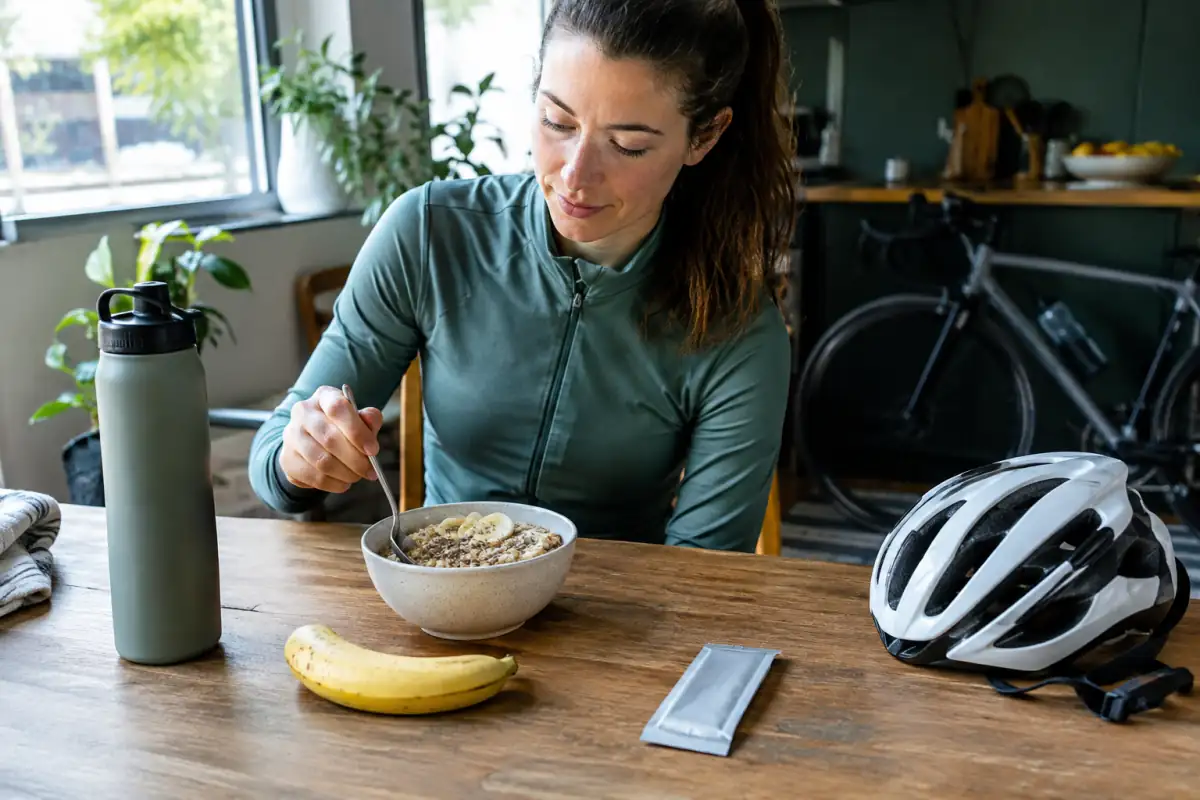 Repas et matériel préparés avant un entraînement d’endurance, avec banane, flocons d’avoine, eau et gel énergétique.