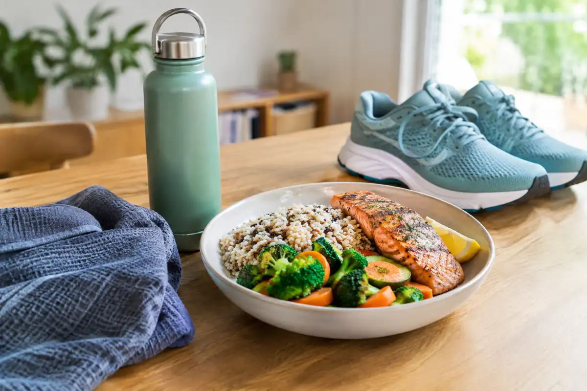Repas équilibré après le sport avec riz, légumes, poisson, gourde et chaussures de course pour illustrer une perte de poids durable.