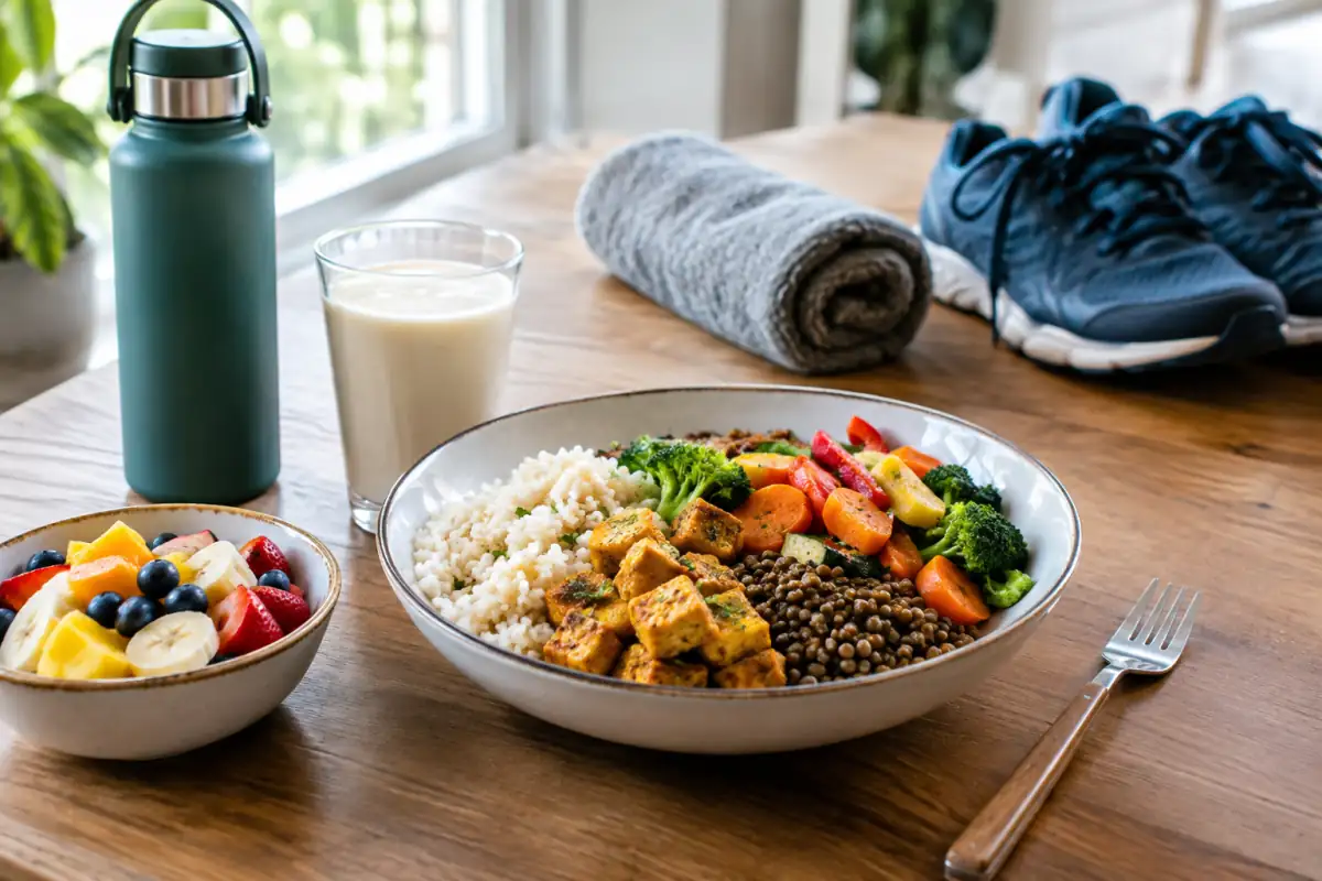 Repas végétal de récupération composé de riz, tofu, lentilles, légumes, fruit et boisson au soja après l’entraînement.