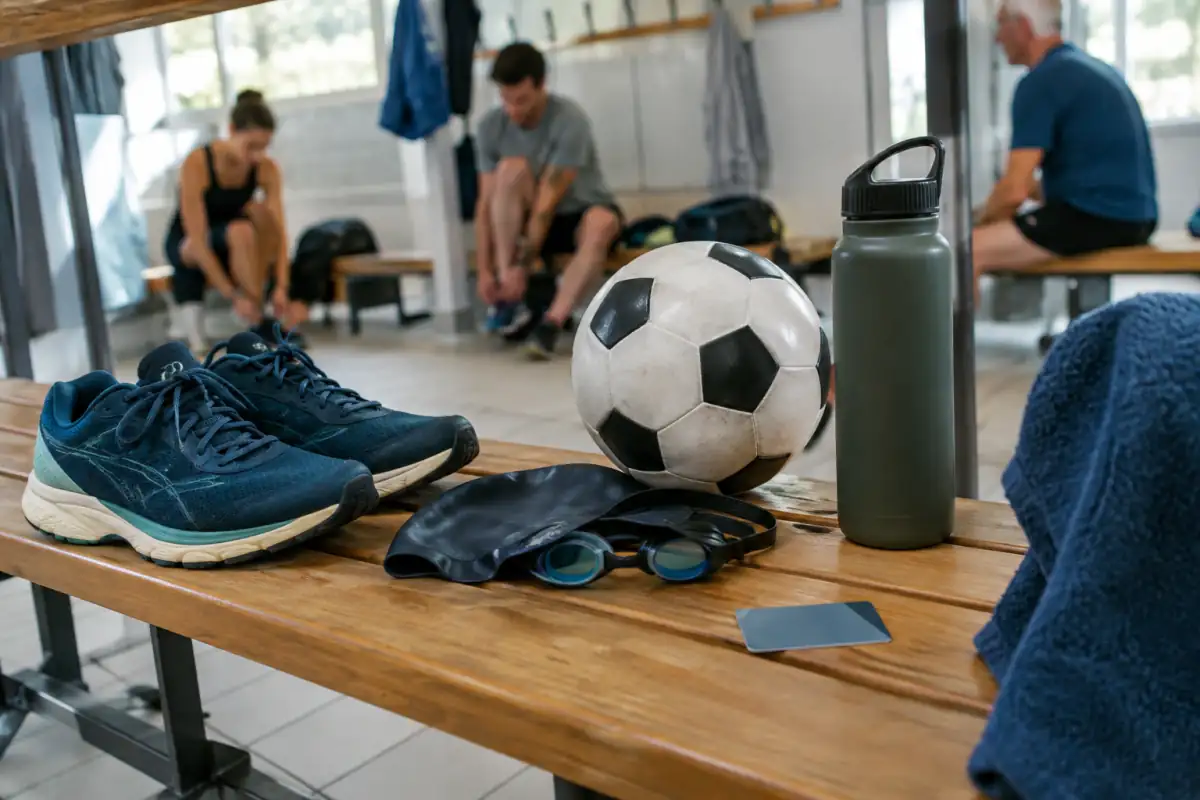 Équipements de course, de natation et de football réunis dans un vestiaire de club pour illustrer le budget annuel d’un sport.