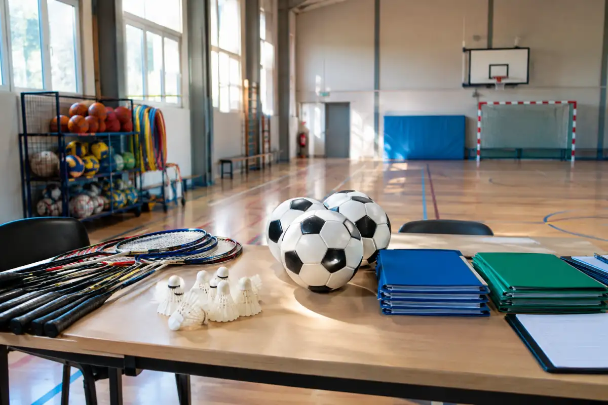 Matériel de sport et dossiers prêts pour l’ouverture d’une association dans un gymnase municipal français.