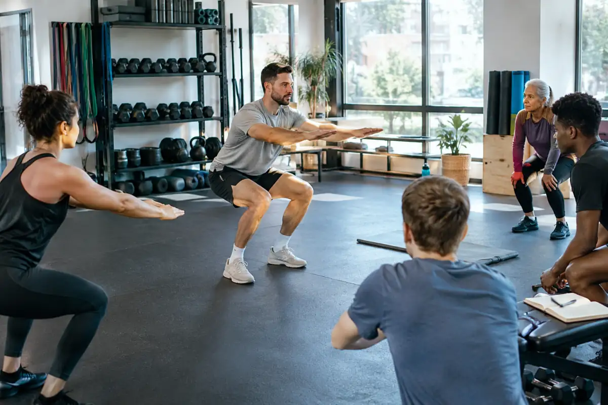 Coach sportif en salle montrant un exercice de renforcement à un petit groupe, avec matériel de fitness et espace dégagé.