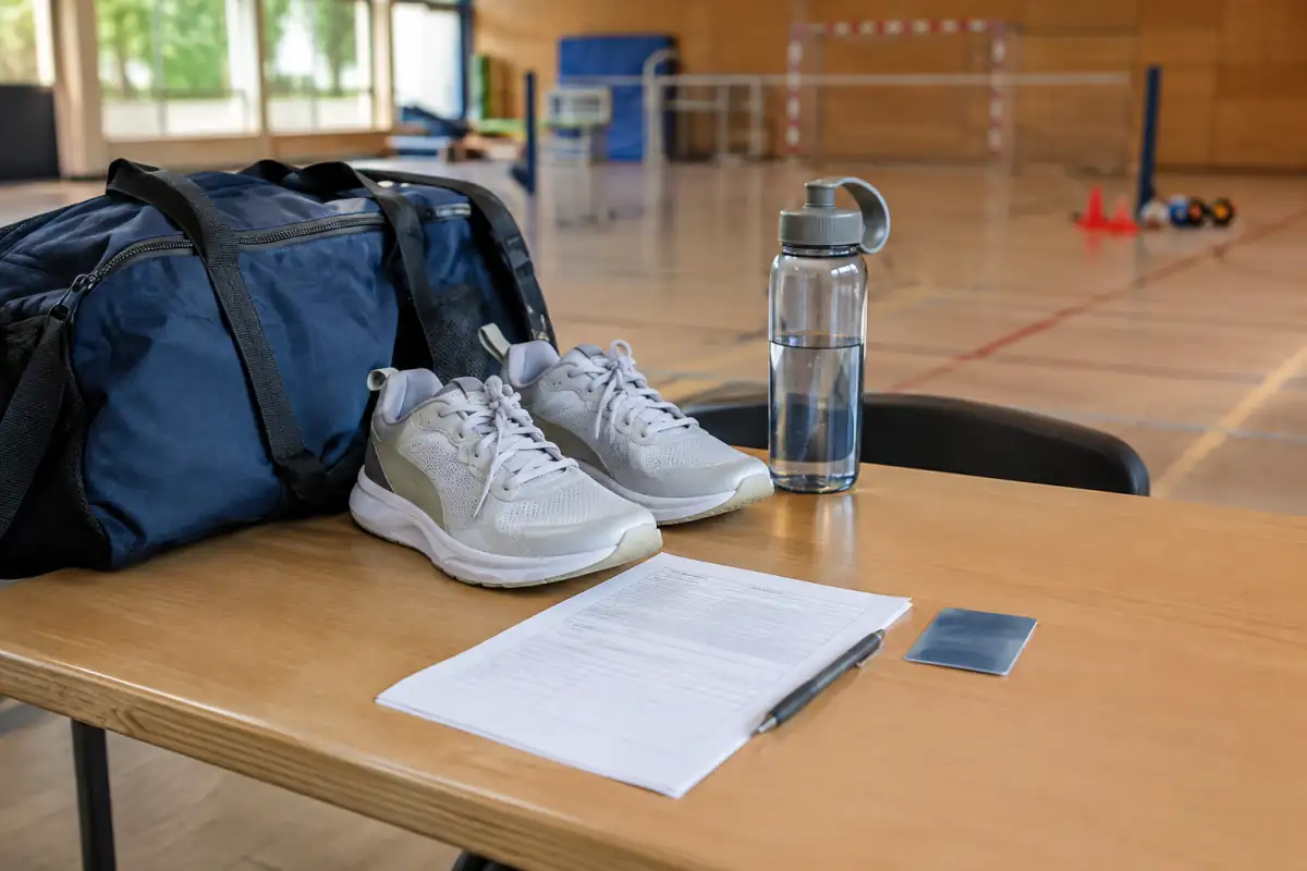Sac de sport et formulaire d’inscription posés à l’accueil d’un club, pour évoquer la licence, son coût et les démarches.