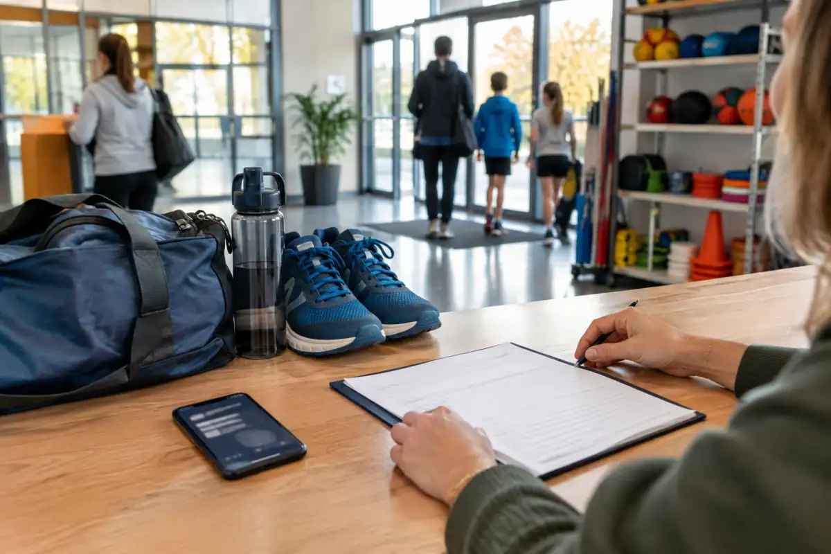 Inscription dans un club sportif : formulaire, sac d’équipement et téléphone évoquent les démarches pour utiliser le Pass’Sport.