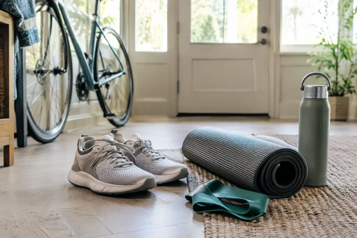 Chaussures de marche, tapis et élastique de renforcement près d’un vélo, pour illustrer une routine hebdomadaire d’activité physique.