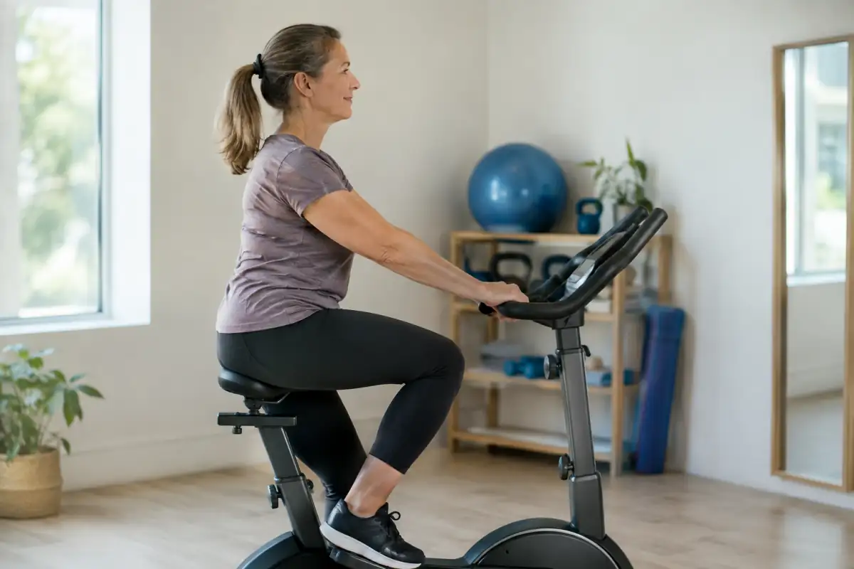 Personne pédalant doucement sur un vélo d’appartement réglé à sa taille pour bouger avec une arthrose.