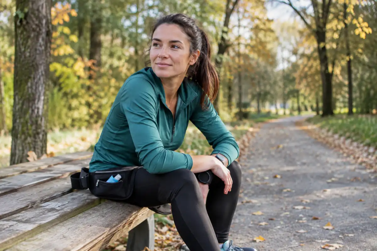 Une coureuse reprend son souffle après un effort modéré, son inhalateur prescrit restant accessible dans sa ceinture de sport.