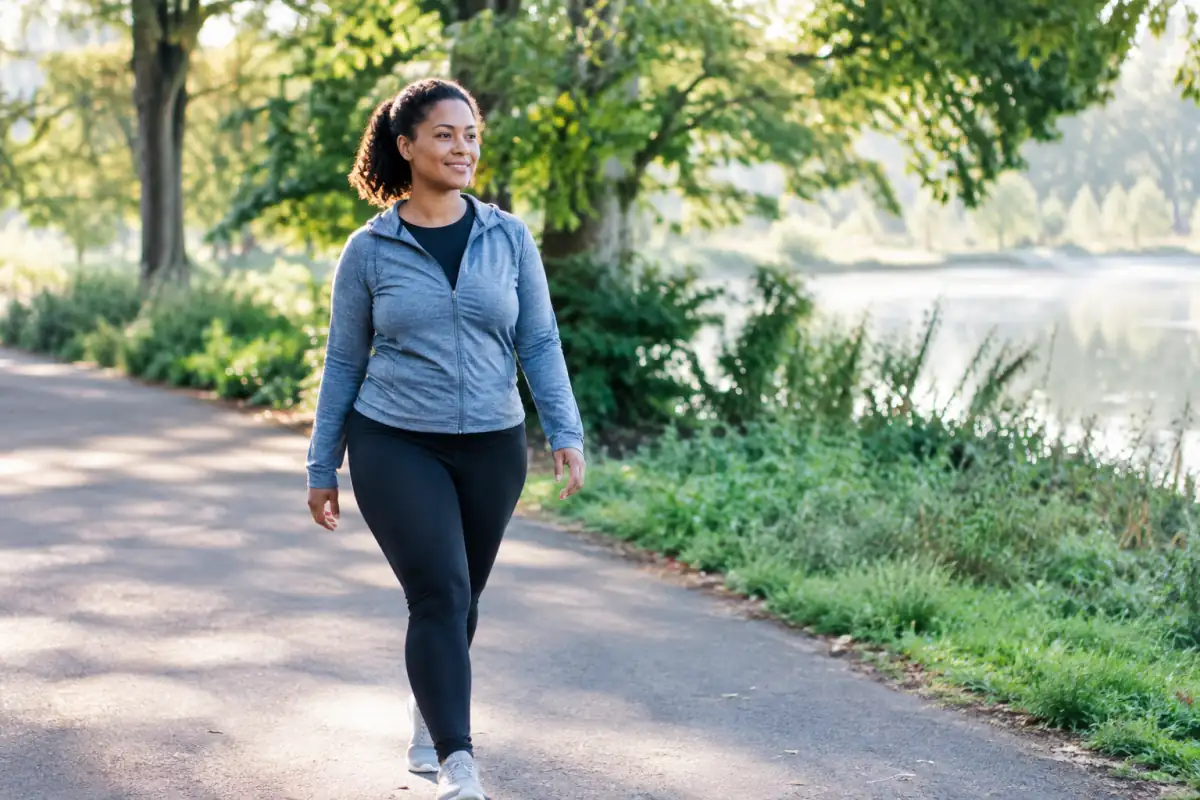 Adulte reprenant la marche à son rythme sur un chemin plat, une activité douce à adapter en cas de mal de dos.