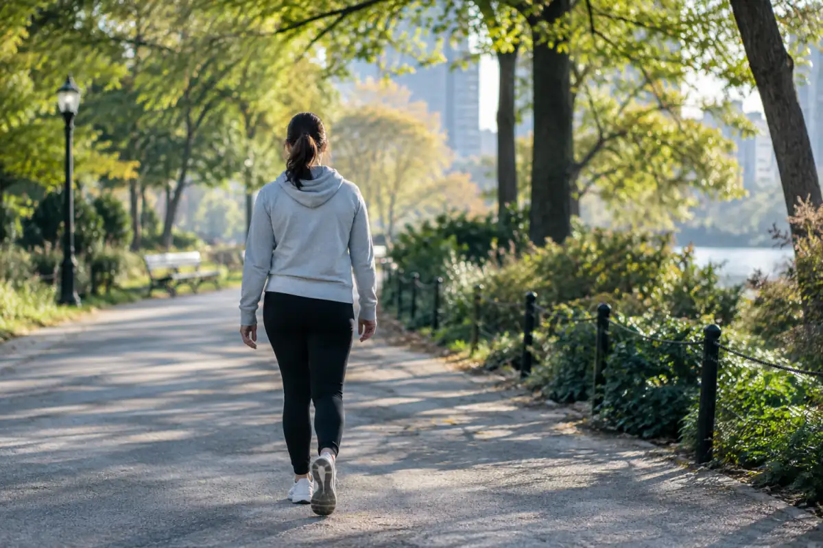 Une personne marche à allure modérée dans un parc arboré, illustrant une activité accessible pour soutenir le bien-être psychique.
