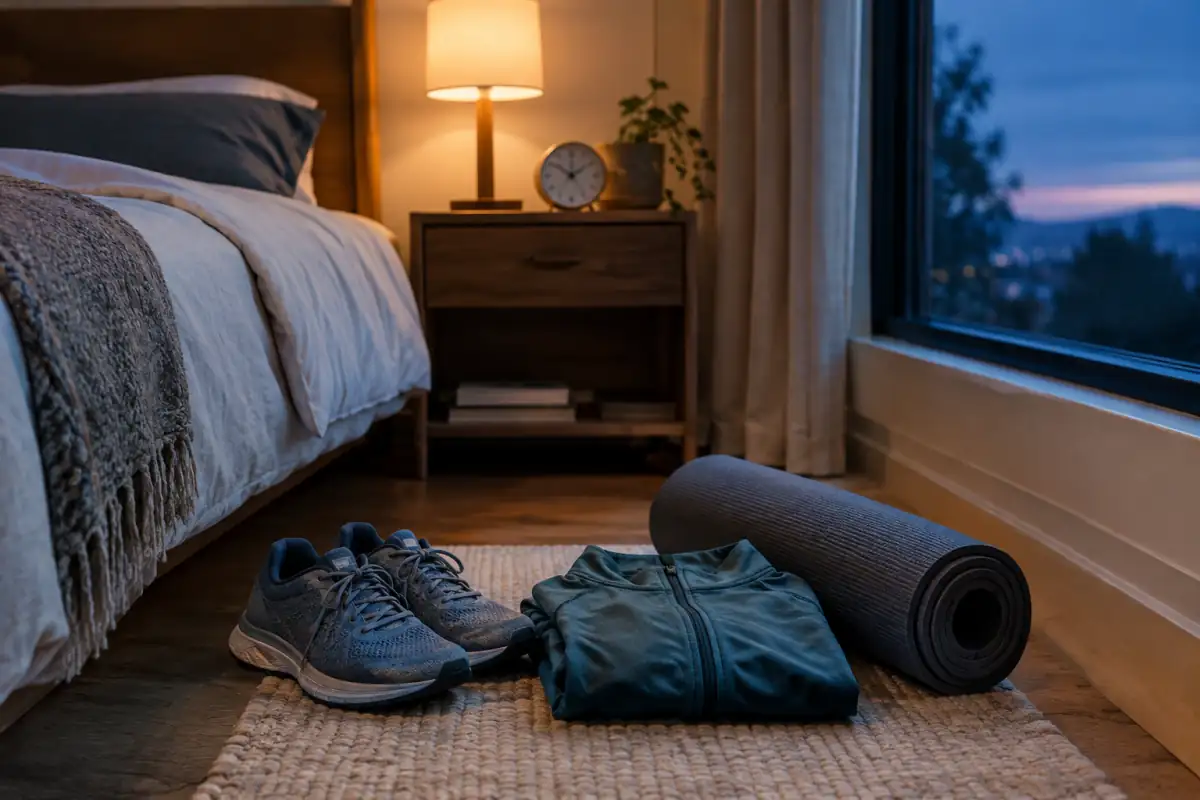 Chaussures de course et tapis de yoga dans une chambre au crépuscule, pour illustrer le sport en soirée et le sommeil.