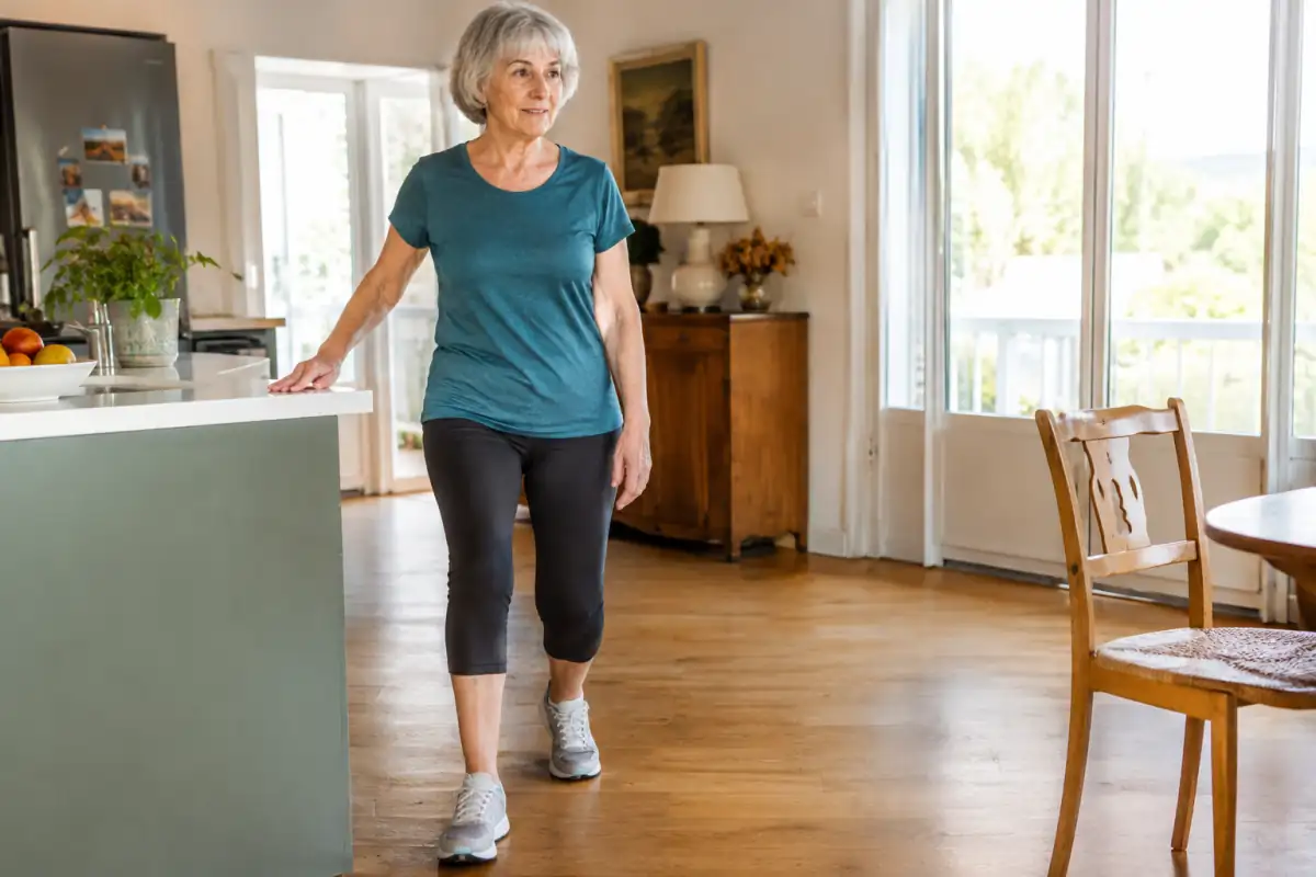 Personne senior réalisant un exercice d’équilibre près d’un appui stable, dans une pièce dégagée et bien éclairée.