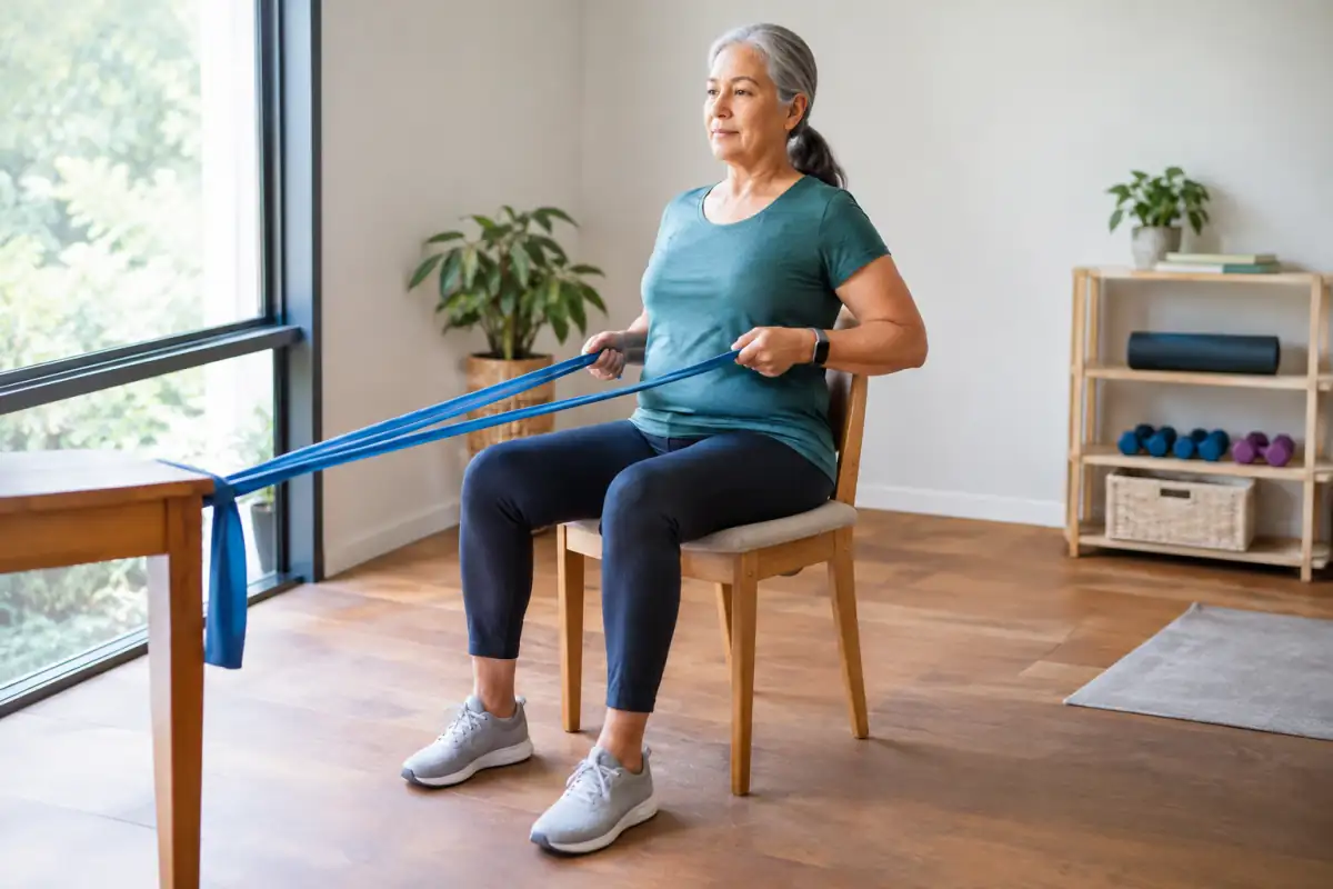 Senior réalisant un tirage avec élastique, assis sur une chaise stable dans un espace dégagé et lumineux.