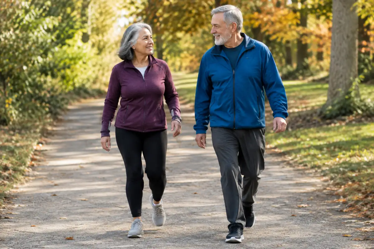 Deux personnes seniors marchent à un rythme modéré sur un chemin plat de parc, une activité accessible pour rester actif après 50 ans.