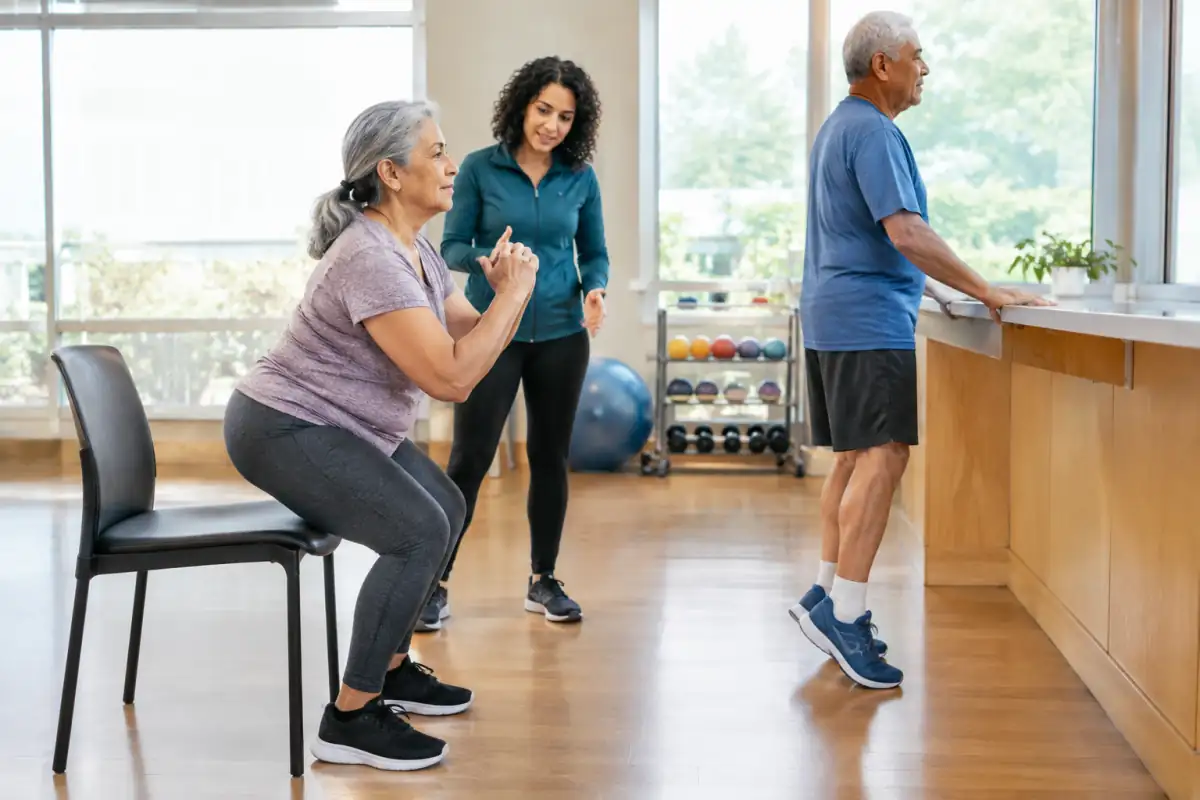 Deux adultes âgés pratiquent des exercices d’équilibre et de renforcement près d’une chaise dans une salle lumineuse.