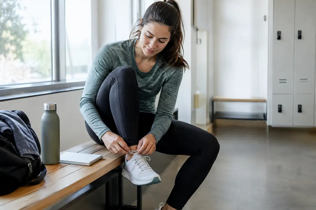 Sportive notant ses sensations après une séance, avec ses chaussures et une gourde, pour adapter son entraînement au cycle menstruel.