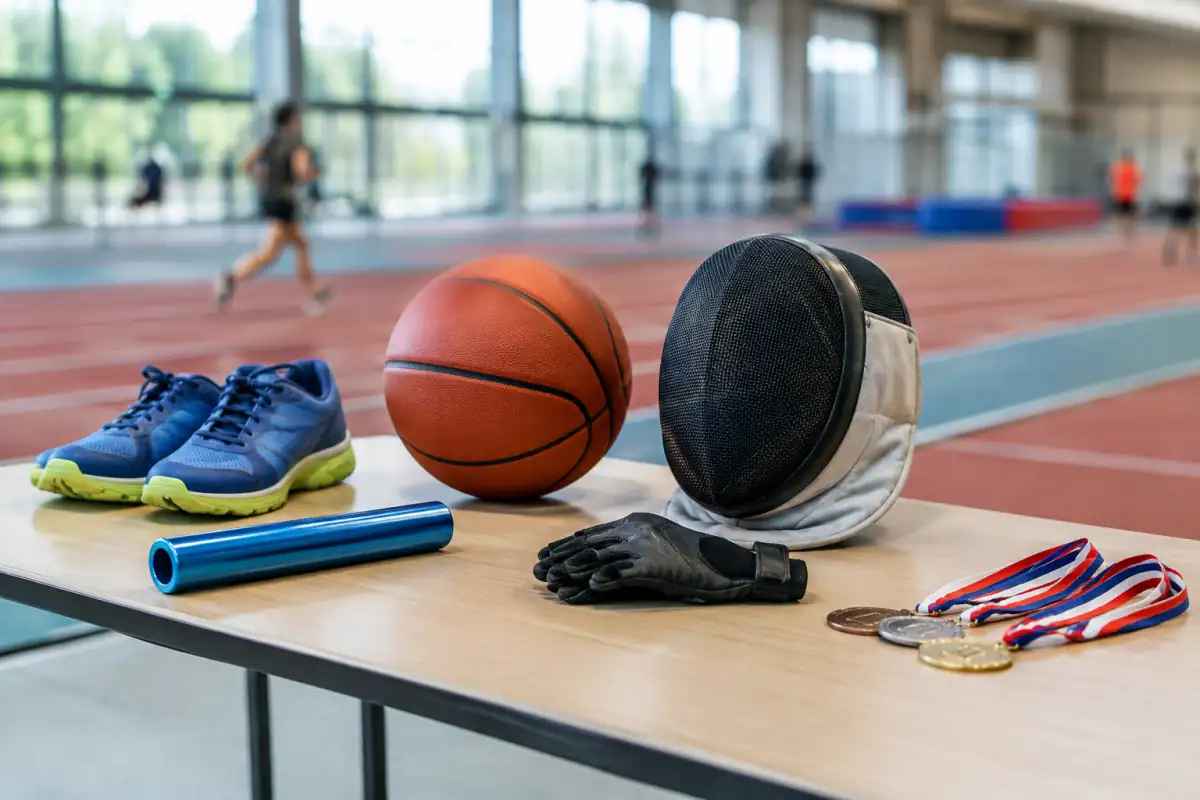 Objets de plusieurs disciplines sportives réunis dans une exposition consacrée à l’histoire et aux enjeux du sport.