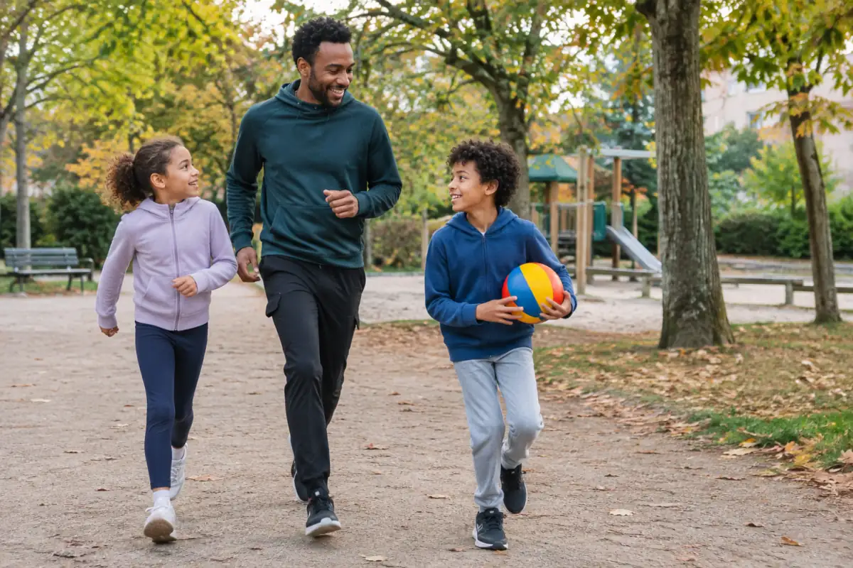 Un parent et deux enfants partagent une activité physique tranquille dans un parc, entre marche et jeu de ballon.