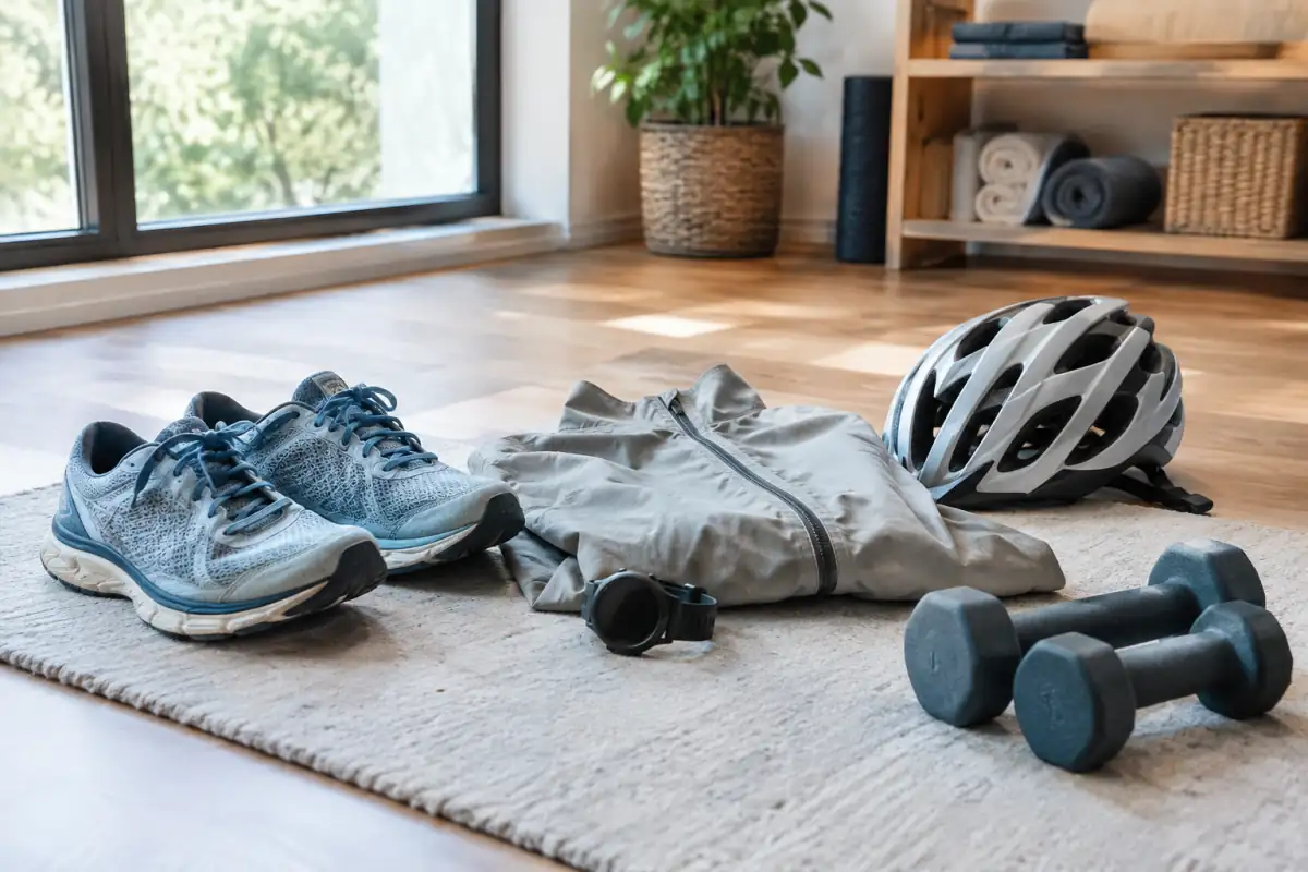 Chaussures de running, montre GPS, tenue technique et accessoires de vélo réunis dans un espace d’entraînement à domicile.