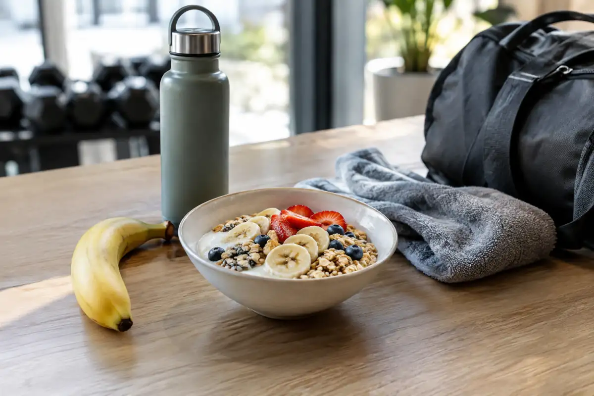 Collation après le sport composée de yaourt, flocons d’avoine et fruits, avec une gourde et un sac de sport.