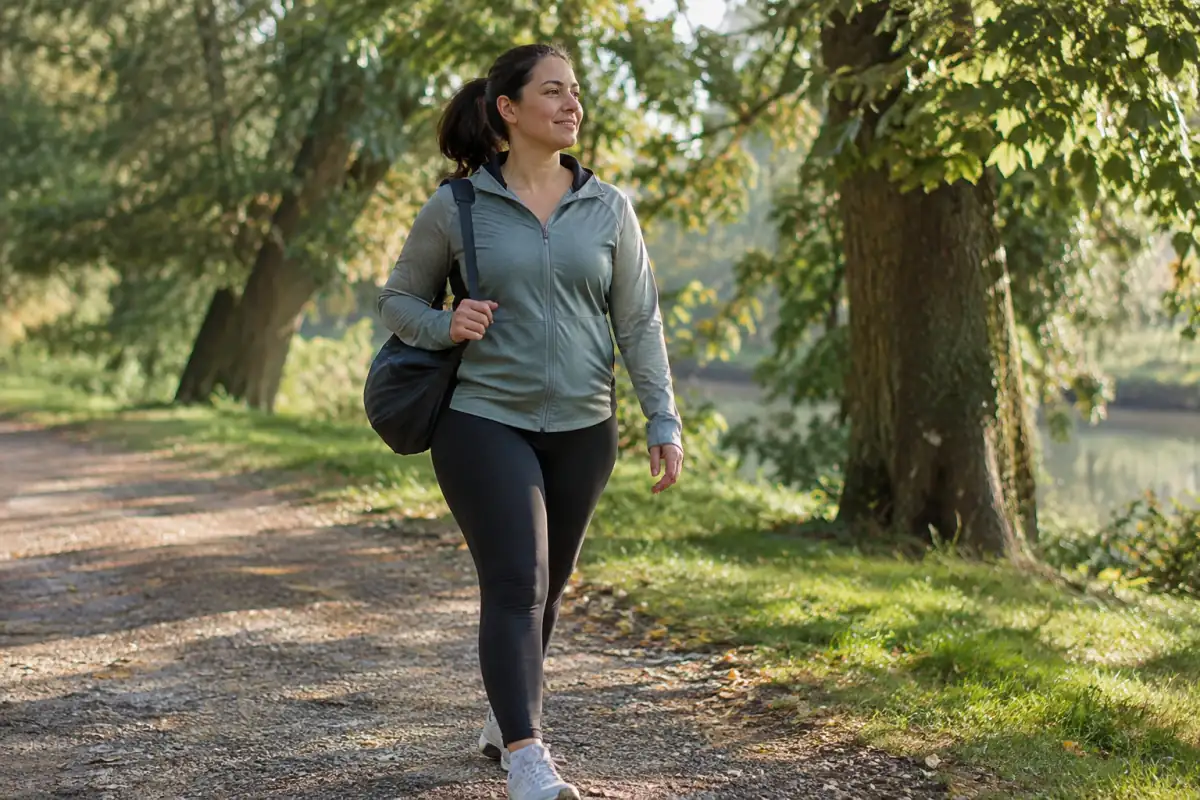 Une femme marche dans un parc en tenue de sport, illustrant une pratique adaptée aux différentes étapes de la vie.