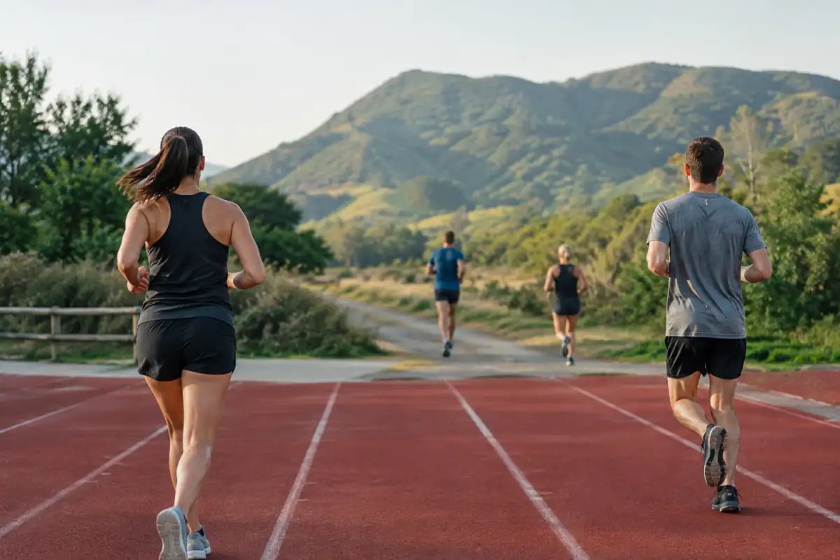 Une piste d’athlétisme rejoint un sentier vallonné, illustrant la diversité des courses sur piste, sur route et en nature.