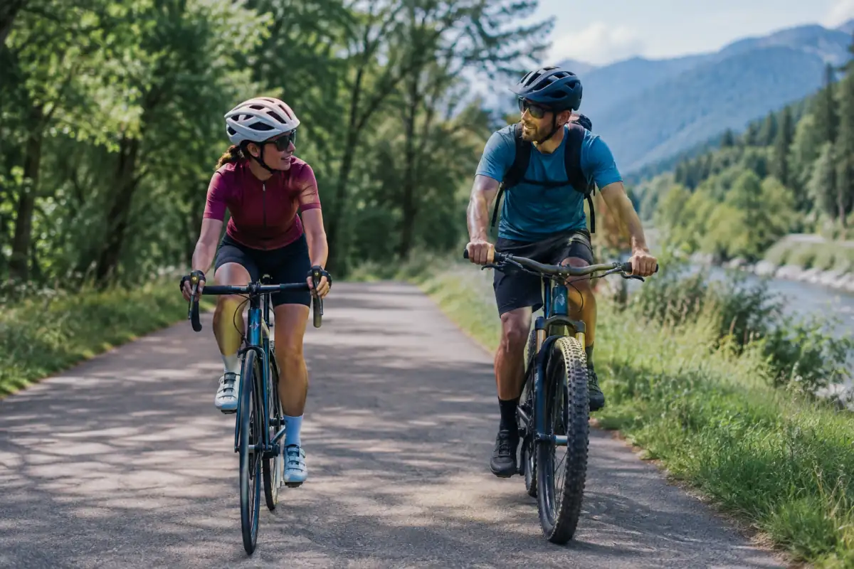 Cyclistes sur route et vététiste réunis sur une voie verte, illustrant la diversité des sports de vélo en France.