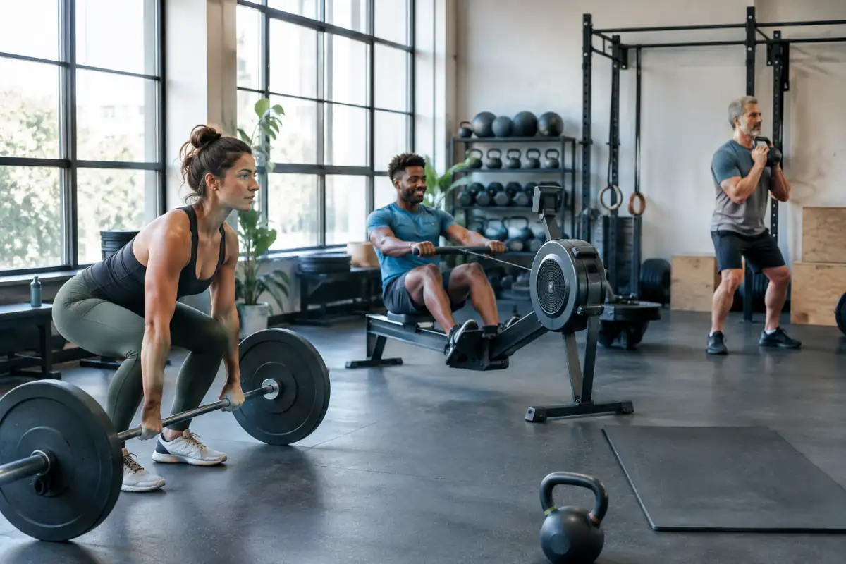 Matériel de musculation et de fitness dans une salle : barre, kettlebell, rameur et espace de renforcement au sol.
