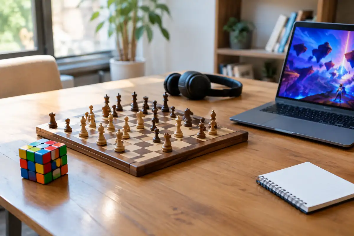 Échiquier, cube de vitesse et ordinateur illustrant la diversité des sports cérébraux et de l’e-sport.