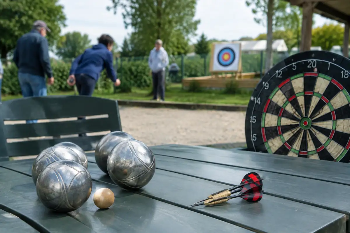 Boules de pétanque et fléchettes au premier plan, avec une cible de tir à l’arc dans un club de plein air.