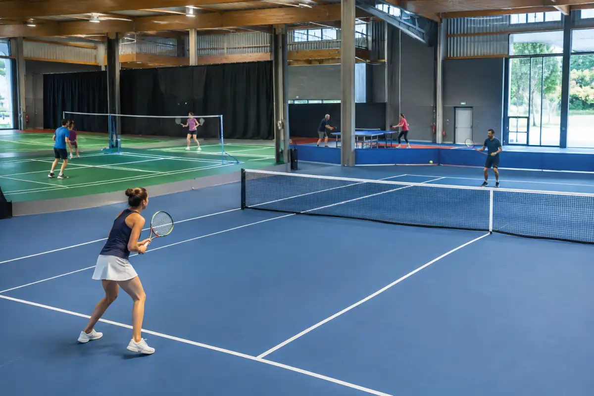 Vue d’un club de sports de raquette réunissant un court de tennis, un terrain de badminton et une aire de tennis de table.