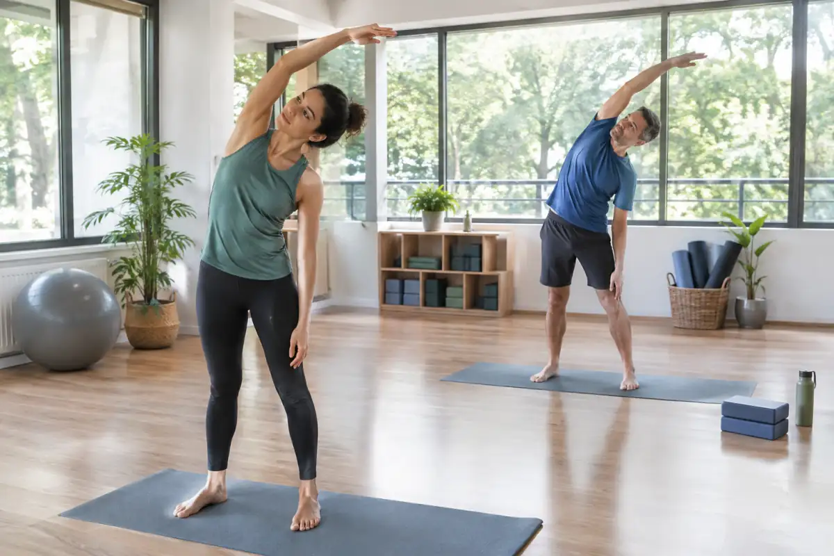 Séance de mouvements doux dans un studio lumineux, avec tapis et accessoires pour le yoga, le Pilates et la mobilité.