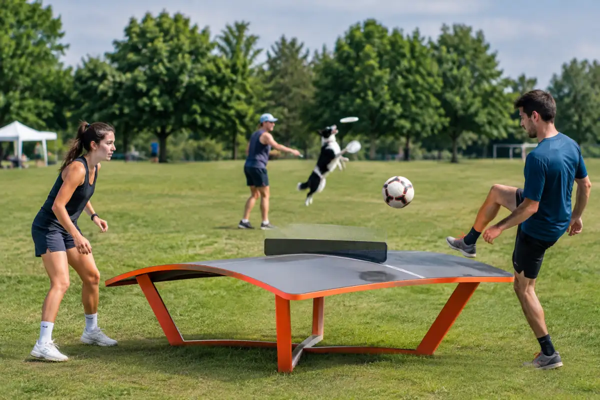 Deux joueurs échangent un ballon autour d’une table de teqball en plein air, lors d’un rendez-vous de sports insolites.