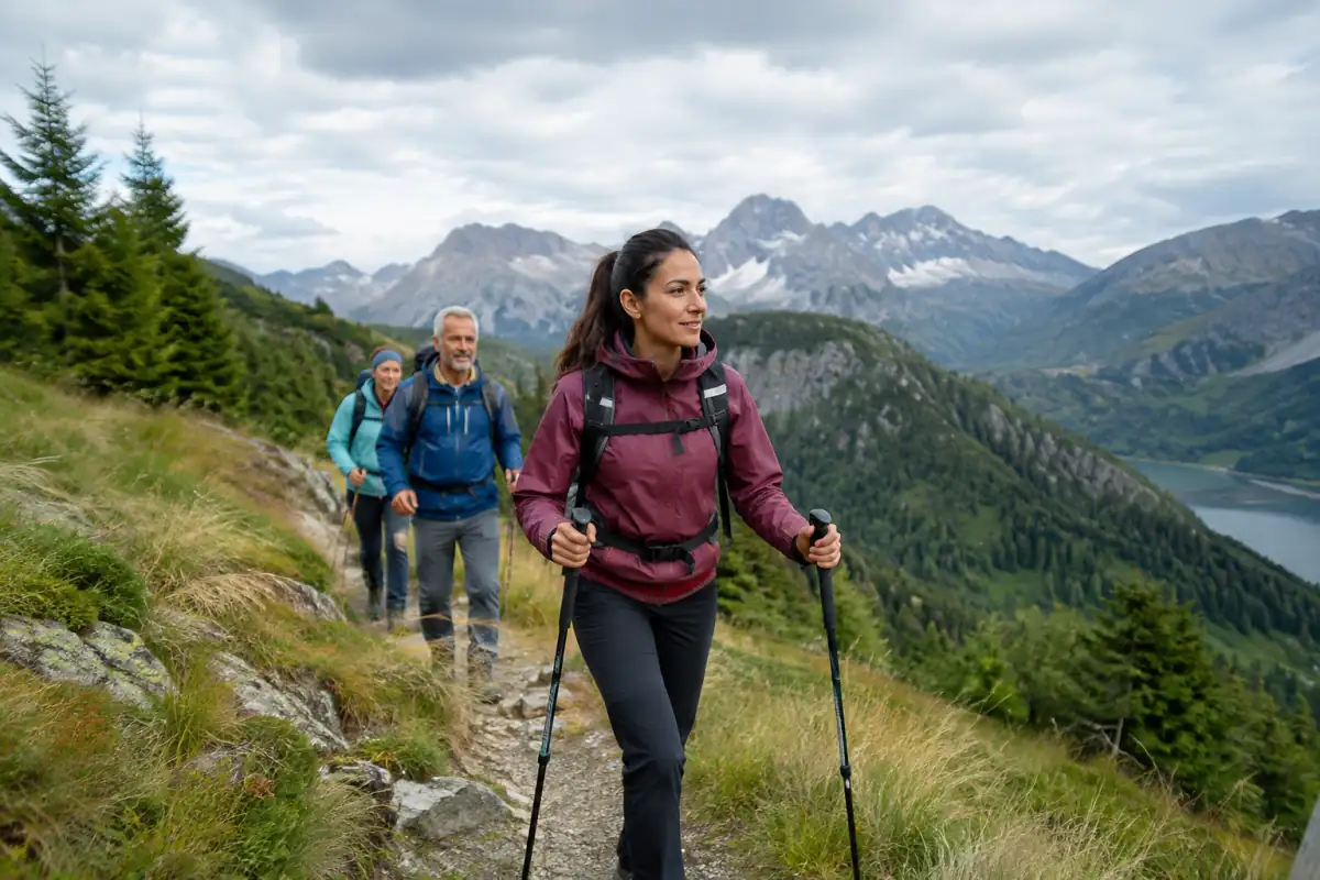 Randonneurs sur un sentier de montagne, entre forêt et reliefs rocheux, illustrant les sports de nature et outdoor.