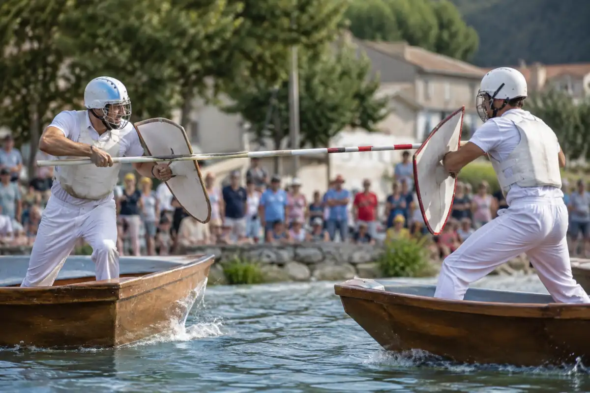 Jouteurs en tenue blanche s’affrontant depuis deux barques lors d’une joute nautique traditionnelle dans le sud de la France.