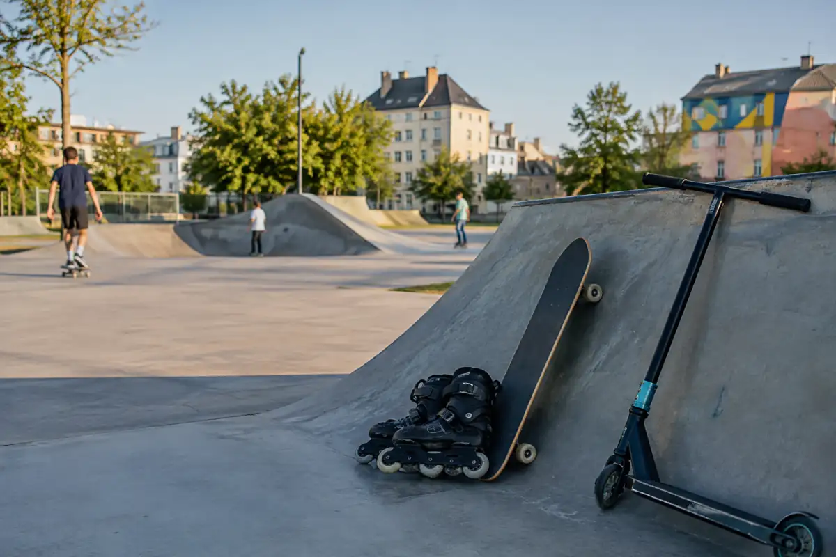 Skateboard, rollers et trottinette freestyle posés près d’une rampe dans un skatepark urbain en France.