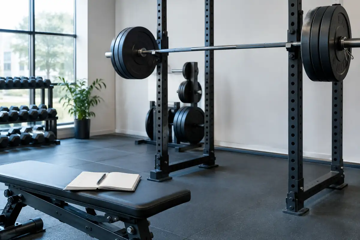 Barre de musculation chargée dans une salle, illustrant l’estimation d’une répétition maximale et le calcul des charges d’entraînement.