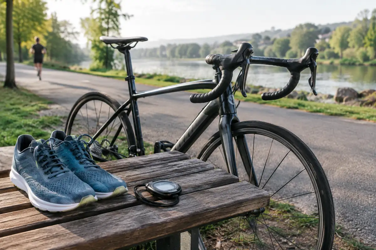 Chaussures de course et vélo près d’une piste, pour illustrer le calcul des calories brûlées selon le sport et la durée.