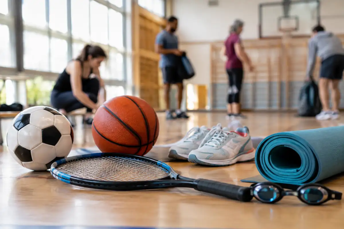 Équipements de plusieurs sports réunis dans un gymnase lumineux, symbole de la découverte et du choix d’une pratique.