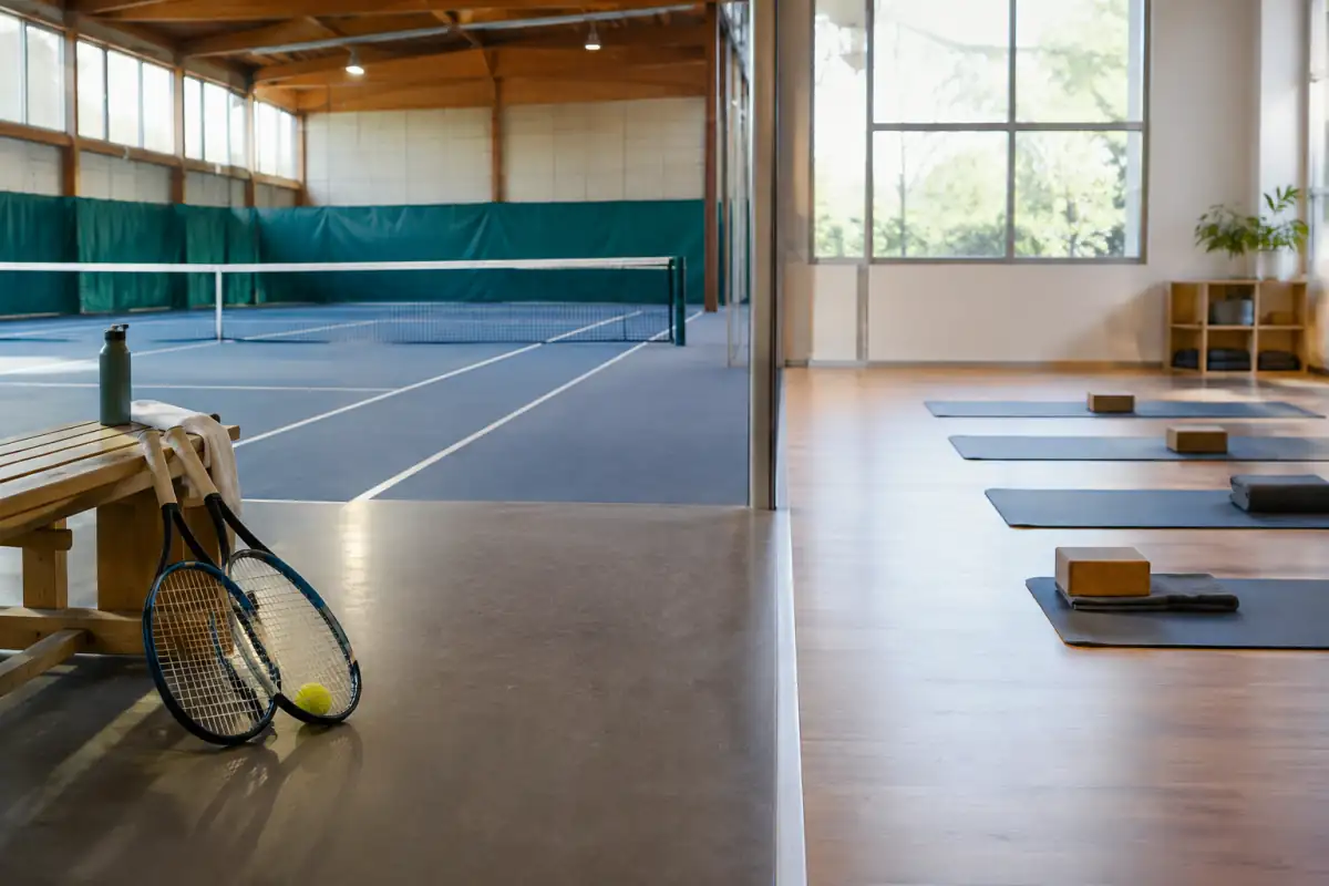 Raquettes de tennis et tapis de yoga dans deux espaces de sport, pour illustrer le choix entre deux pratiques.