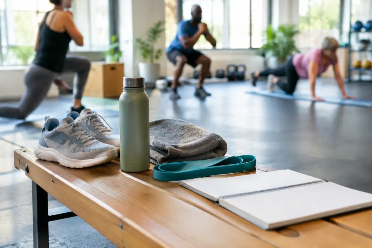 Équipement de sport posé sur un banc dans une salle lumineuse, avec des pratiquants flous en arrière-plan.