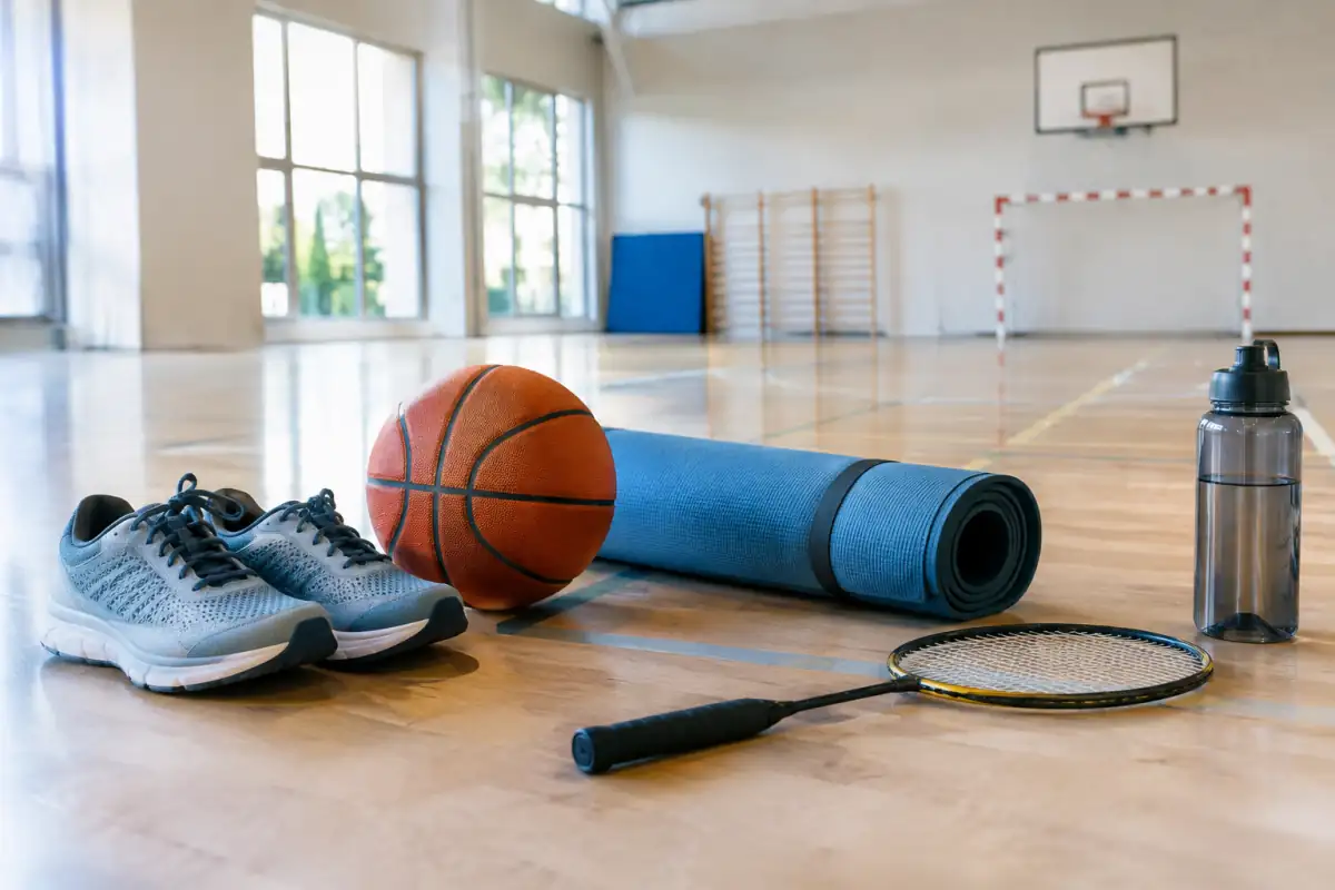 Équipements de course, de basket, de yoga et de sport en salle réunis pour illustrer le choix d’une activité.