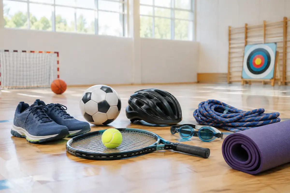 Équipements de sports variés dans un gymnase lumineux : ballon, raquette, chaussures de course, casque de vélo et tapis.
