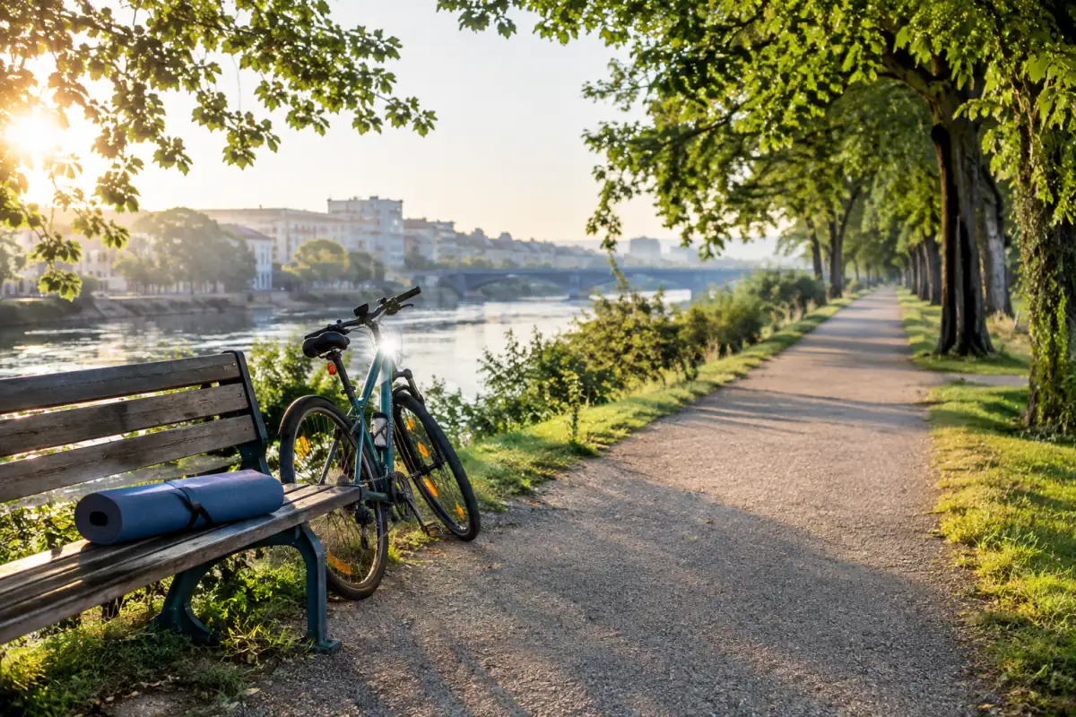 Vélo posé près d’un chemin arboré, illustration de plusieurs activités physiques pour faire une pause et relâcher la tension.